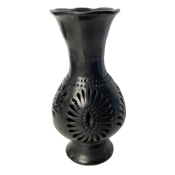 Vintage Oaxacan black clay artisan vase folk art perforated fluted flared 6”